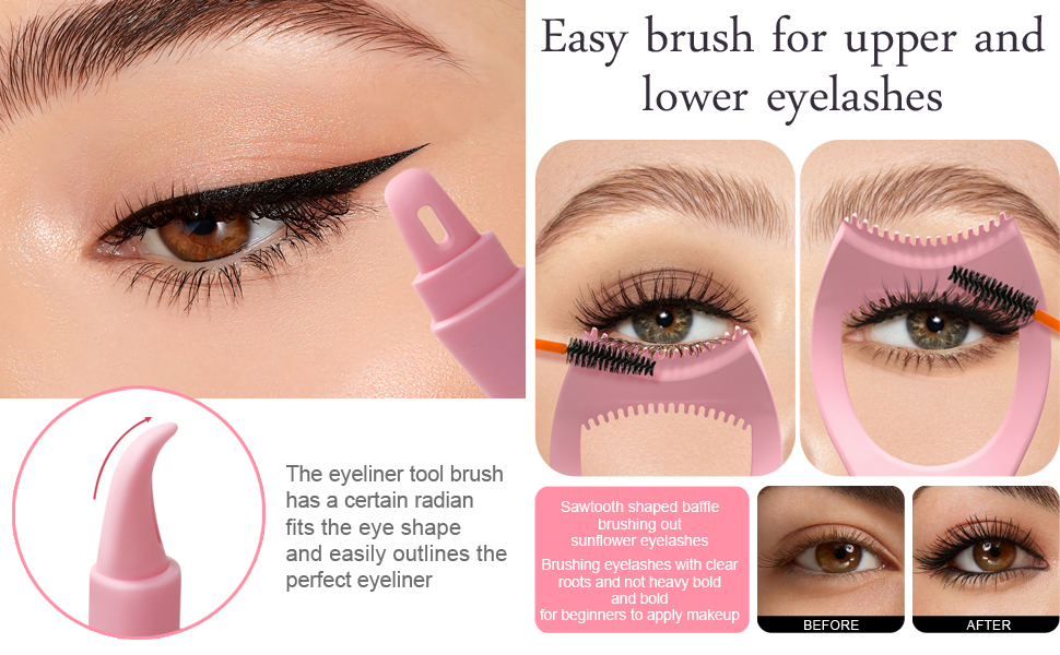 On the left is the detachable eyeliner, on the right is the mascara brush and mascara shield