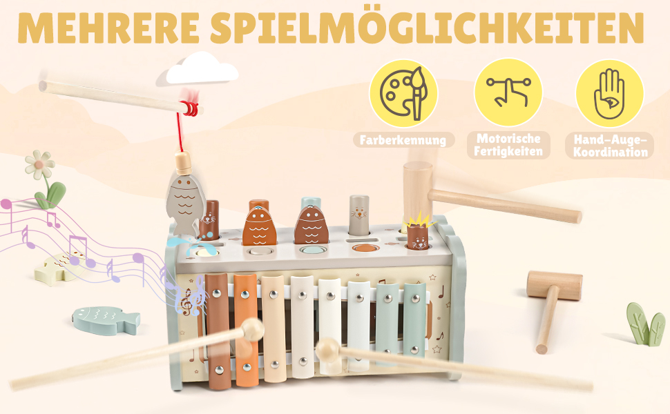 Pastel-colored play set with wooden elements including bottles and stands, featuring icon-based instruction graphics above.