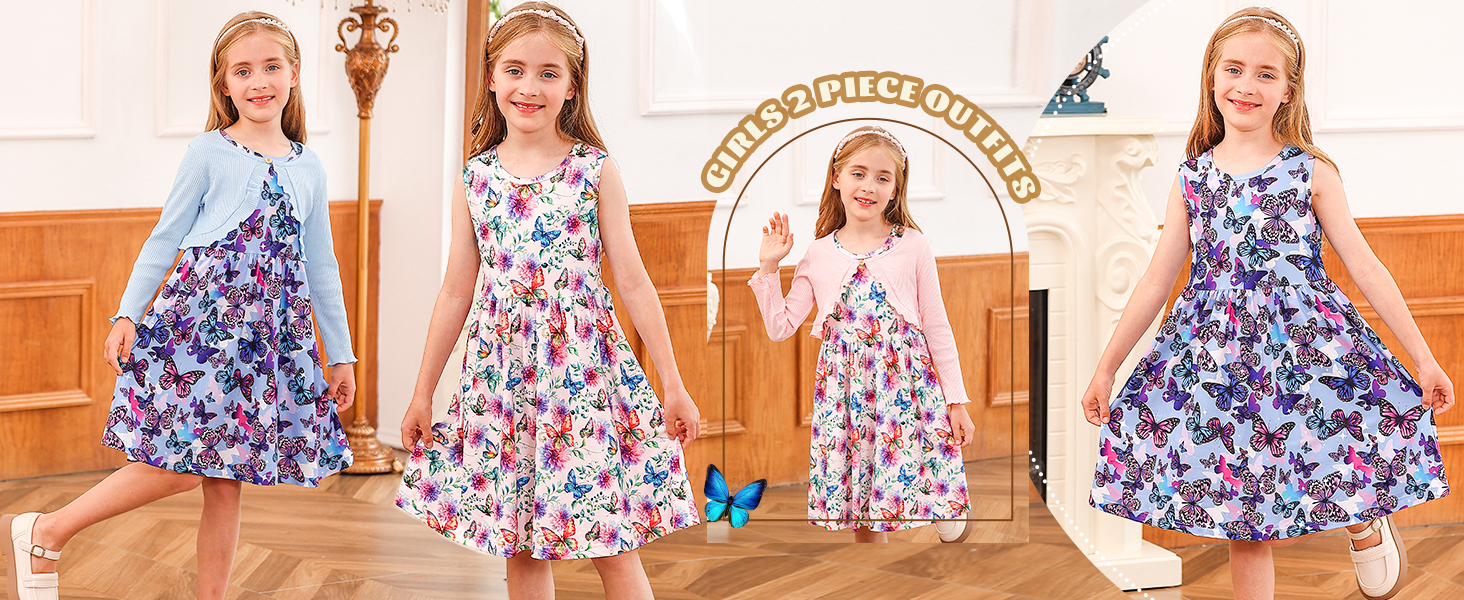 Girls Sleeveless Dresses and Long Sleeve Ruffle Cardigan