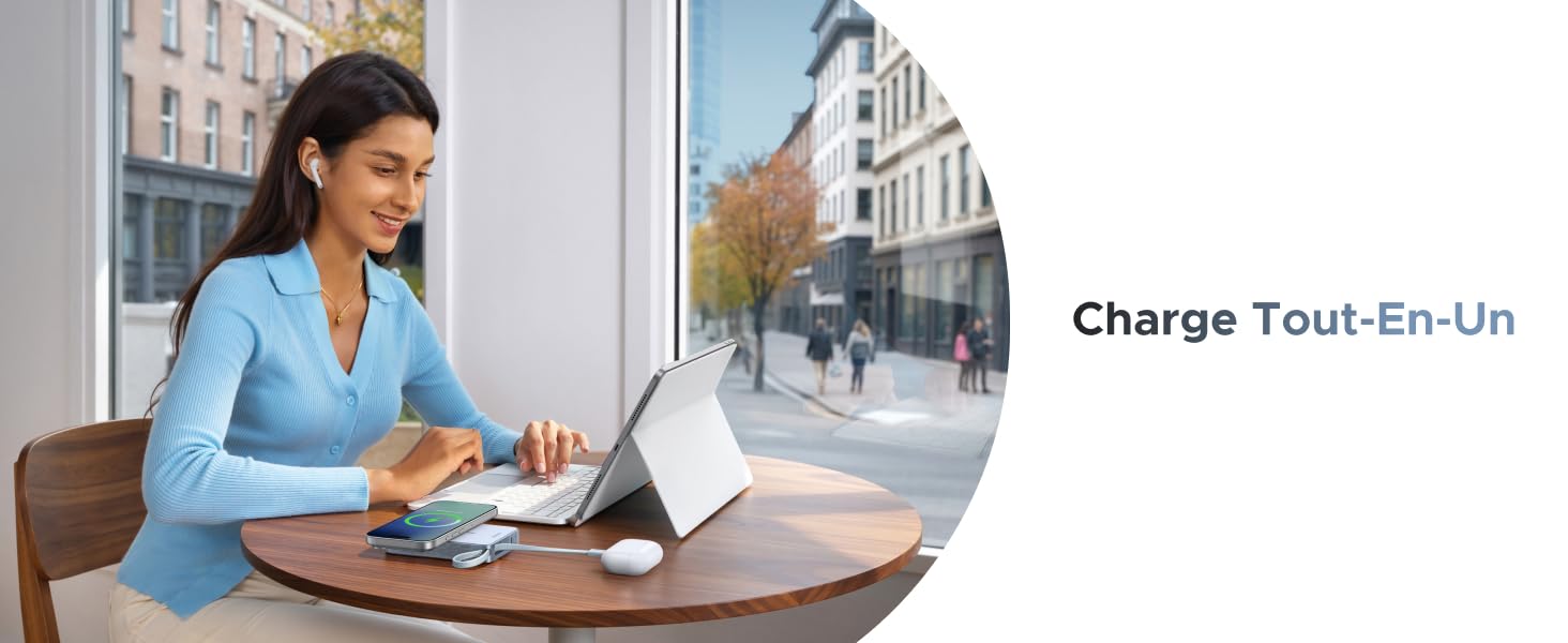 Le texte indique « Charge Tool-En-Un ». Plusieurs panneaux montrant un espace de travail avec un ordinateur portable et un environnement professionnel, comprenant un bureau et un environnement de bureau.