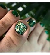 IMRAIN Press on Toe Nails Green Short Square Fake Toenails with Palm Frond Designs Glossy Full Co...