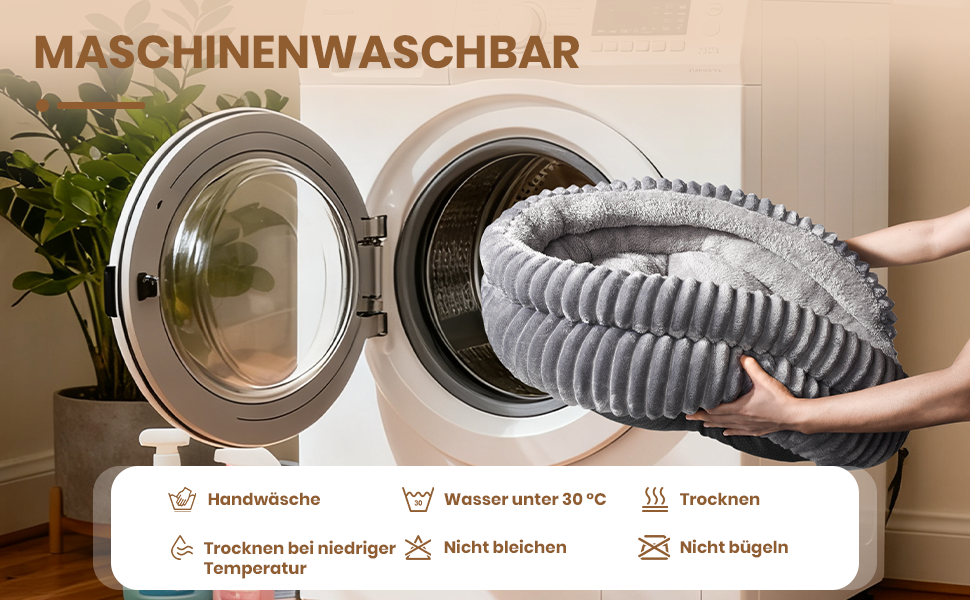Text reads 'MASCHINENWASCHBAR'. Series of images showing washing machine drainage hose connections and installation process with gray corrugated hoses.