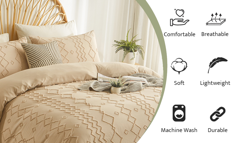 ZEIMON Khaki Tufted Duvet Cover King Size, 3 Piece Shabby Chic