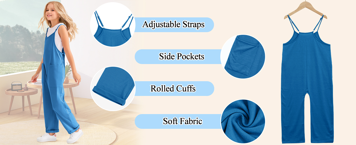 أفرهول كاجوال للبنات من سيور، رومبر بقصة واسعة بدون أكمام بحمالات رفيعة، أفرول صيفي برقبة على شكل حرف V وبجيوب 17 5