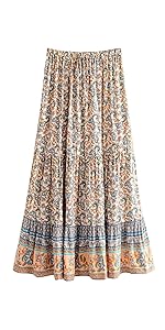 Milumia Women Boho Vintage Floral Print Tie Waist A Line Maxi Skirts