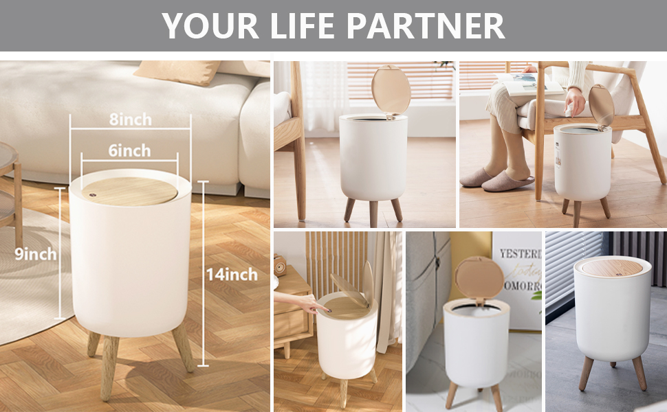 Round Trash Bin with Lid, 7 Liter Plastic Garbage Can with Legs