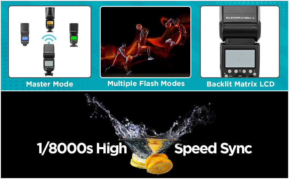 Master Mode Multi Flash Modes Backlit Matrix LCD 1/8000s High Speed Sync
