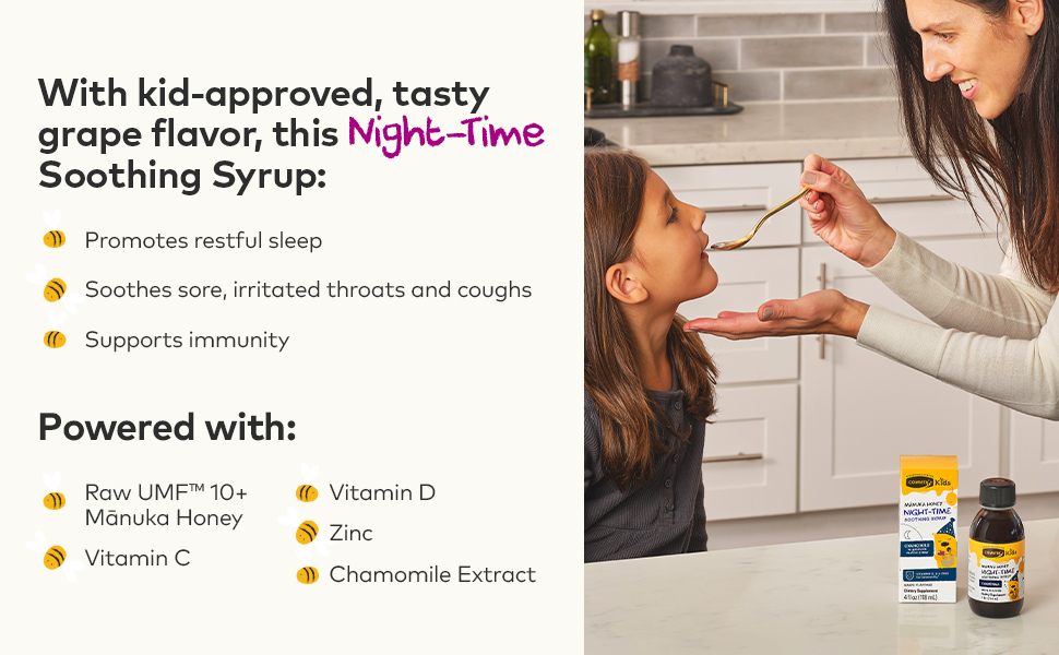 With kid-approved, tasty grape flavor, this Night-Time Soothing Syrup