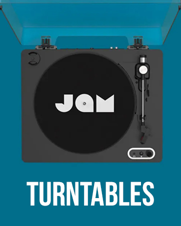 Black turntable with 'JAM' logo on platter, tonearm visible. 'TURNTABLES' text below. Rectangular design with controls on top right corner.