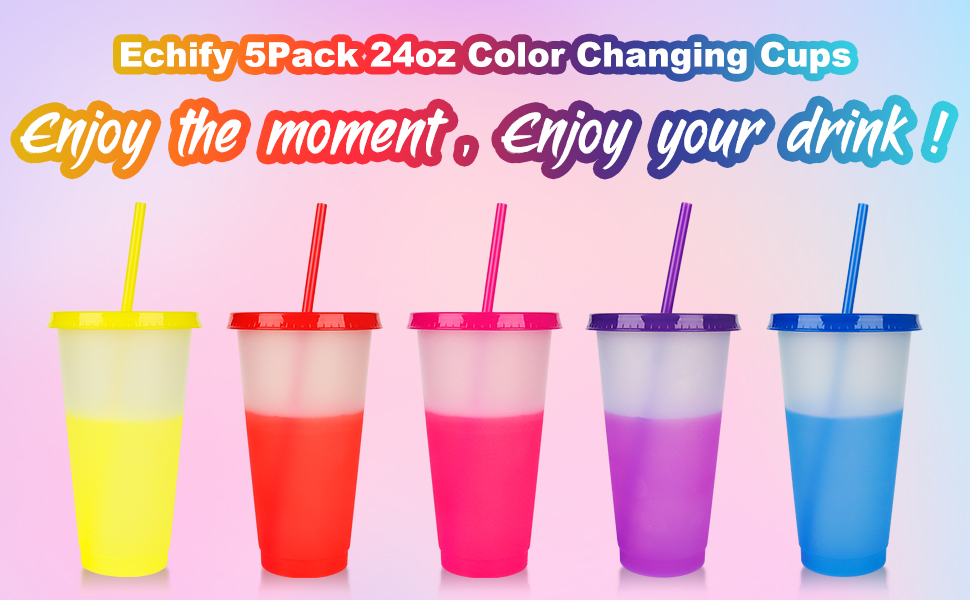 Echify Cold Cups with Lids & Straws 5 Pack Bright Color Changing Cups