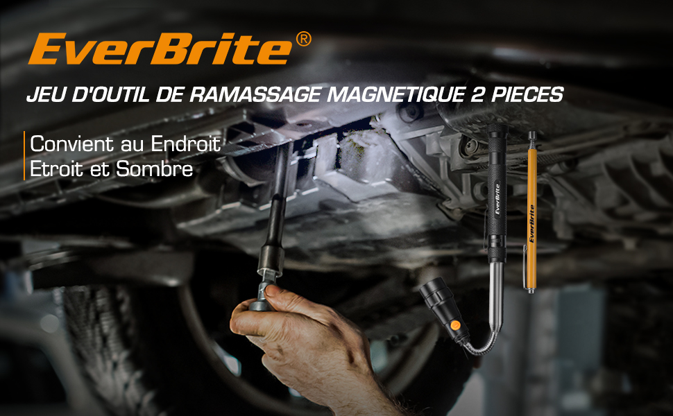 EverBrite Jeu D’Outil De Ramassage Magnetique Avec Lampe Et Ramssage Aimanté Télescopable, Portée Télescopique 17 à 57cm Et 14 à 65cm, Idéal Pour Les Coins, 4 Piles Incluses 12 1