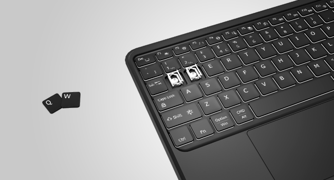 Close-up view of a wireless keyboard with visible USB receiver dongle shown separately against a gray background.