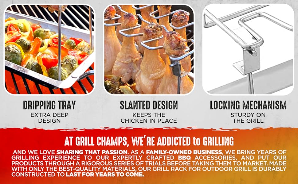 Grill Champ Chicken Leg Rack for Grill, BBQ & Smoker Stainless Steel Chicken Wing