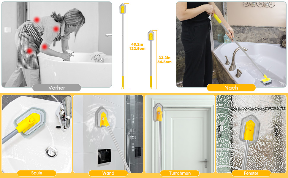 3in1 Bad Schrubber mit Stiel für Dusche mit Borstenbürste, Schrubbtuchpad und