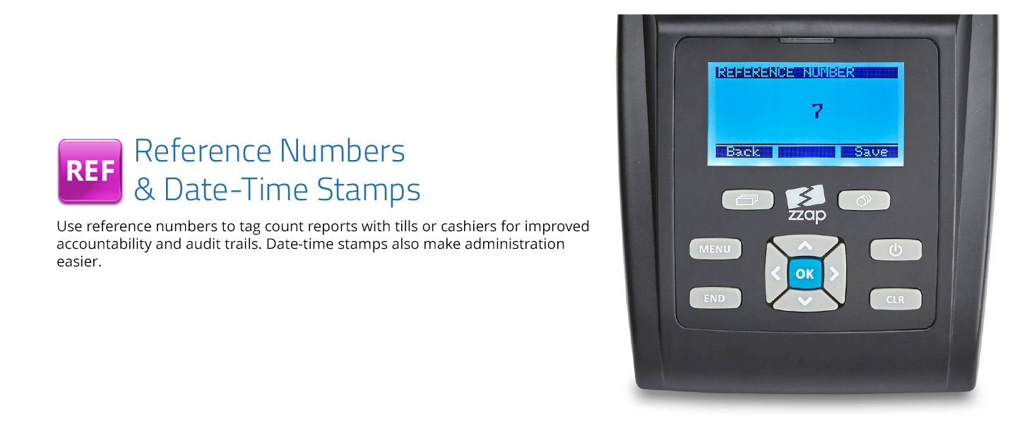 Digital device with LCD screen displaying 'Reference Numbers & Date Time Stamps'. Device has multiple buttons and appears to be a data entry tool.