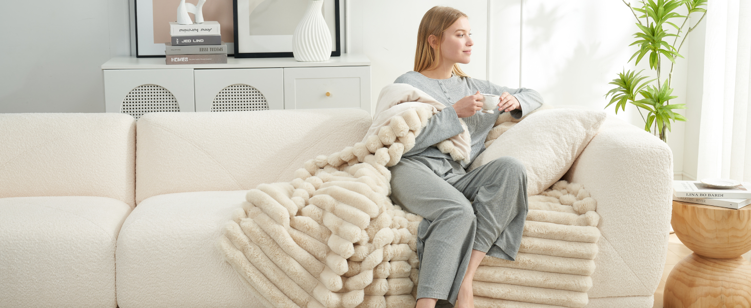 Beige Faux Fur Throw Blanket