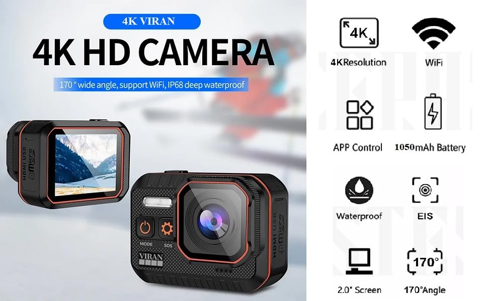 4K Viran Vlog Camera WiFi and Remote Control, 170Degree WideAngle