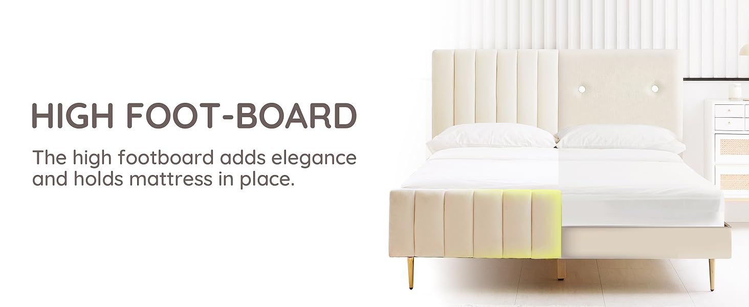  Bed Frame Velvet Fabric Upholstered Footboard strong wood slats