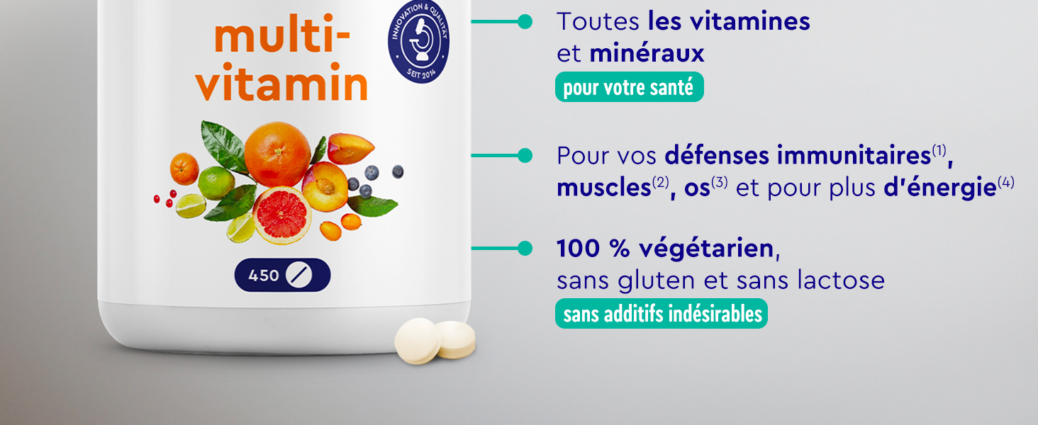 Emballage de produit multivitaminé avec des illustrations colorées de fruits et un texte en français décrivant la teneur en vitamines et minéraux et les avantages pour le système immunitaire