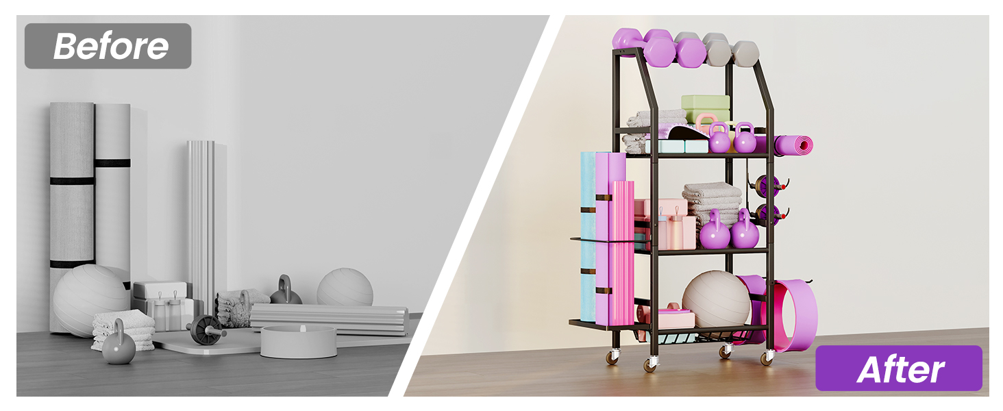 Homeiju Dumbbell Rack, Weight Rack for Home Gym, Yoga Mat Storage Holder with Lockable Wheels, Dumbbell Stand with Hooks, All in One Work out Equipment Storage for Yoga Mat Dumbbell and Balls 15 Dumbbell Rack, 4 Tier Weight Rack for Home Gym, Yoga Mat Storage Holder with Lockable Wheels