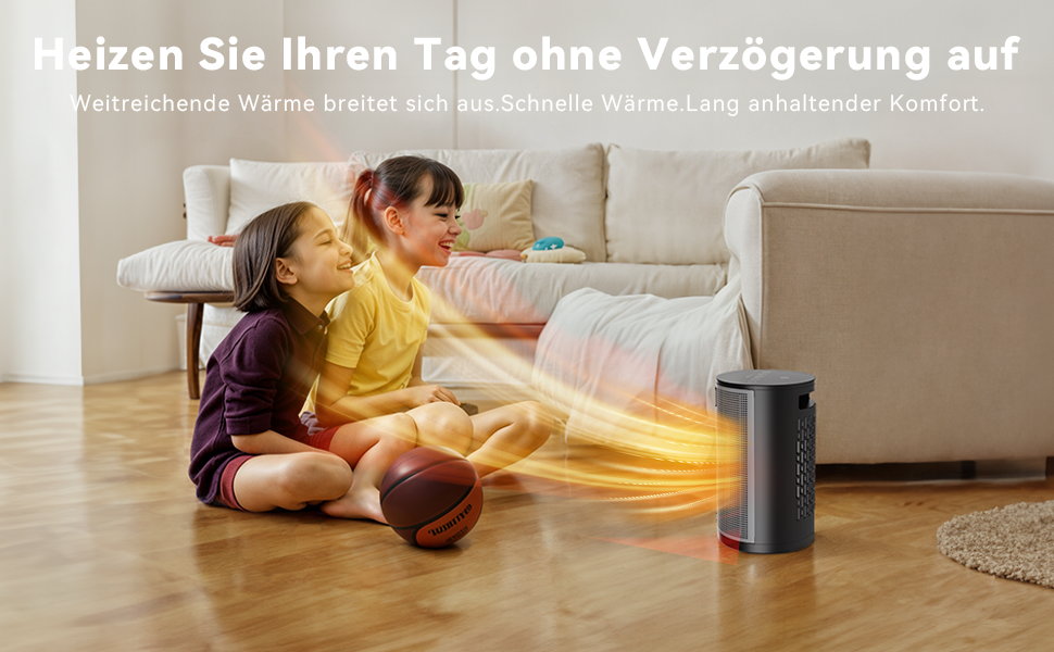 Zylindrische Raumheizung auf Holzboden, die orangefarbene Hitzewellen ausstrahlt. Sie wird in einem Wohnzimmer mit Sofa und Teppich gezeigt.