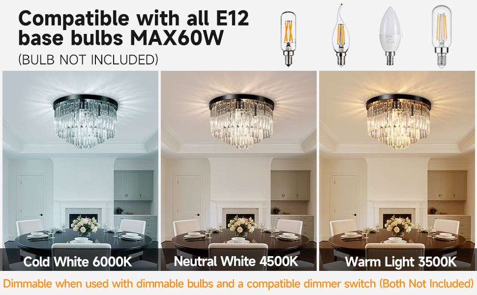 Compatible with E12 base bulbs MAX60W(BULB NOT INCLUDED)