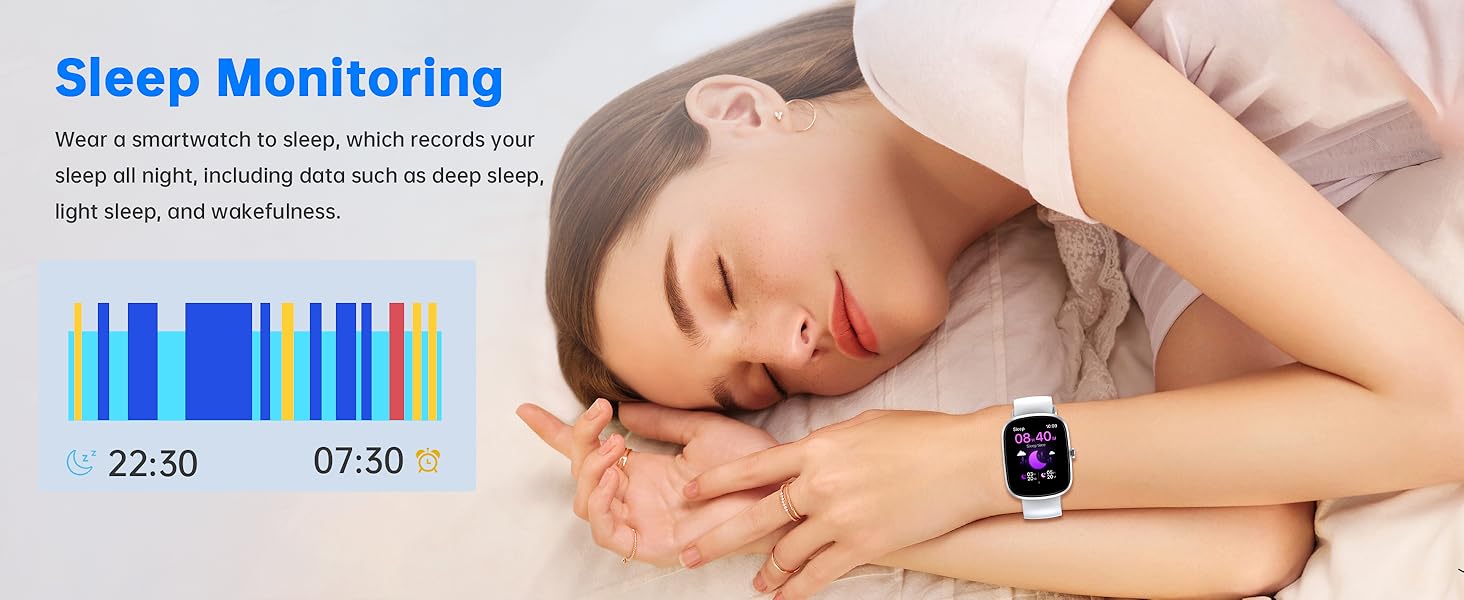 Smartwatch with sleep monitoring feature displayed on woman's wrist. Device tracks sleep patterns, showing colorful graph of sleep stages from 22:30 to 07:30.