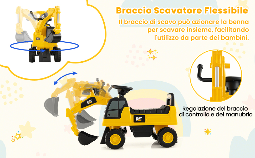 Escavatore giocattolo giallo con braccio flessibile per scavare. Dispone di un seggiolino per far salire un bambino e di leve di comando
