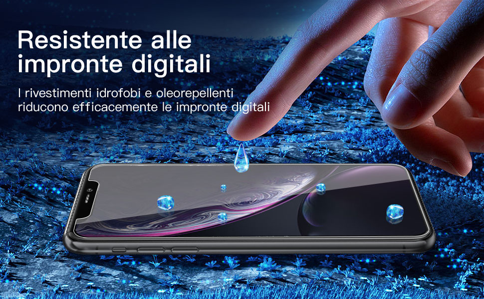 Toccando con le dita lo schermo dello smartphone con gocce d'acqua. Testo 'Resistente alle impronte digitali' (Resistente alle impronte digitali) qui sopra.