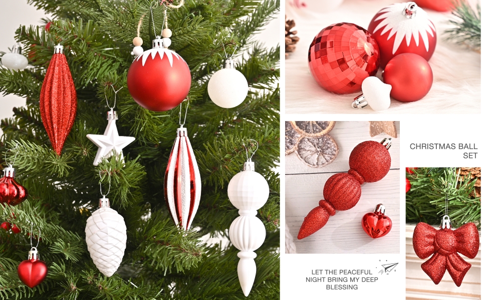 Christmas Baubles Set with Hooks106pcs White and Red Baubles for