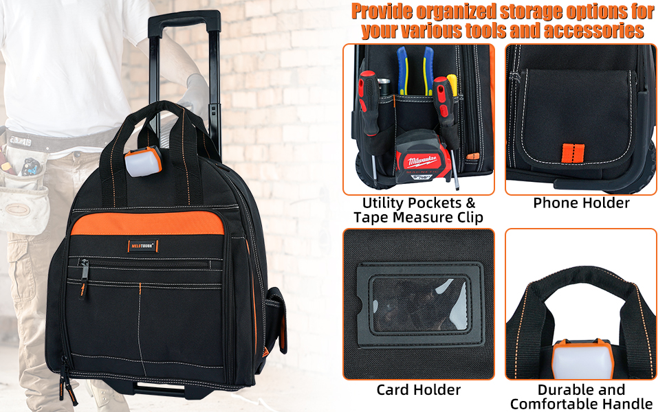 MELOTOUGH LEDLight Rolling Tool Backpack Heavy Duty,Rolling Tool Bag