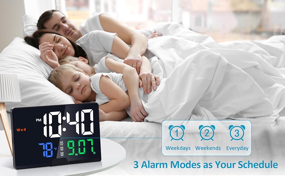 RGB Digital Alarm Clocks for Bedrooms,Calendar Clock with Date,Temperature,3 Alarms,Plug in