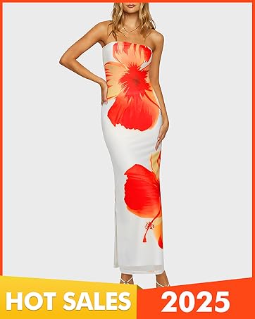 Strapless Bodycon Summer Dresses for Women 2025 Floral Mesh Tube Top Long Party Cocktail Dress Slit 