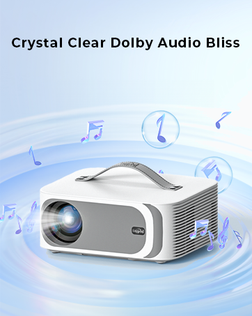 Text reads 'Crystal Clear Dolby Audio Bliss'. Multiple views of a white projector device against blue backgrounds with ripple effects and musical note graphics.
