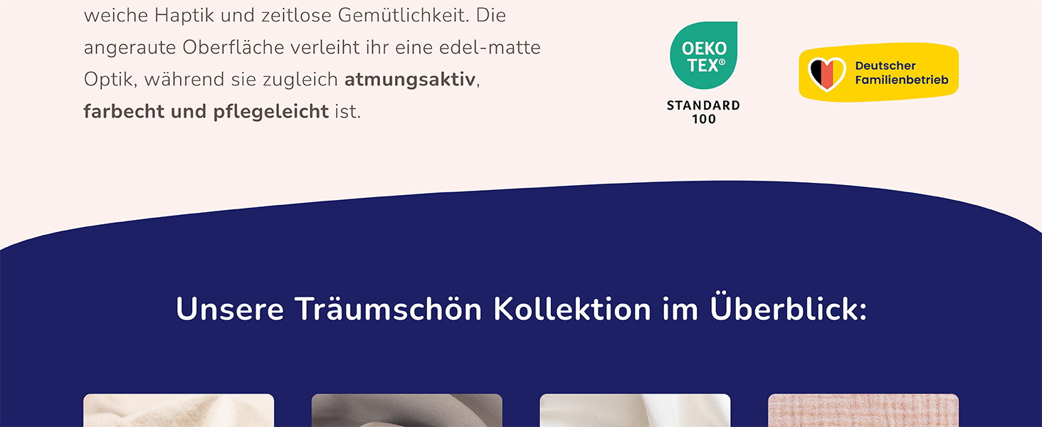 Teilansicht einer Produktseitenüberschrift mit deutschem Text. Verfügt über eine marineblaue, geschwungene Form und Logos für „OEKO-TEX STANDARD 100