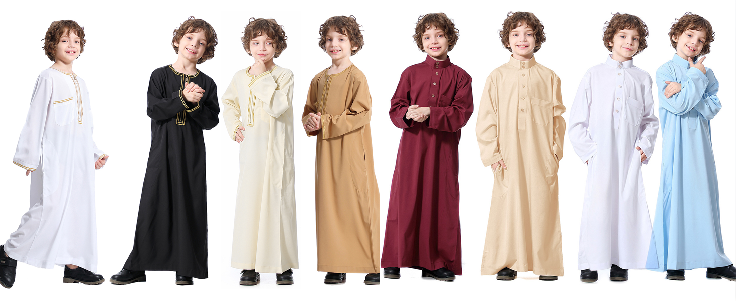 Arabic Thobe Muslim Thobe Long Sleeve Kaftan Crew Collar Robe with Zipper for Boy