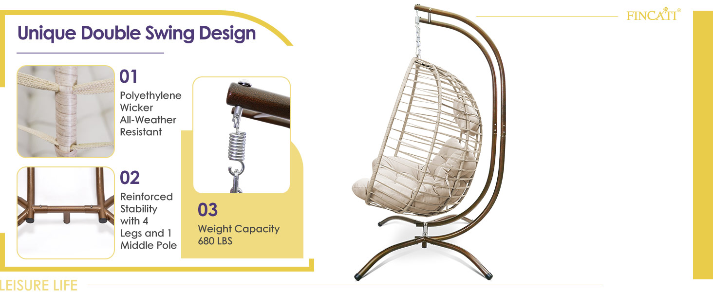 FINCATI Indoor Outdoor Double Egg Chair, 2 Person 680 lbs