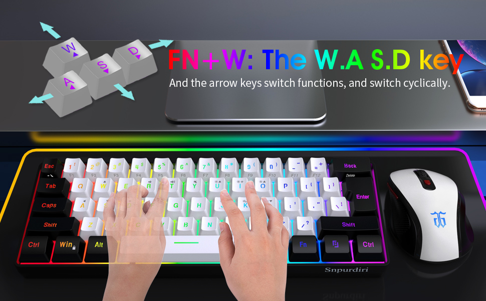 Snpurdiri 2.4G Wireless Gaming Keyboard Mouse Combo Mini 60% Merchanical Feel RGB Backlit Keyboard
