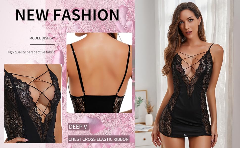 Lingerie for Women Sexy Lace Babydoll Deep V Neck Nightgown Naughty Negligee See Through