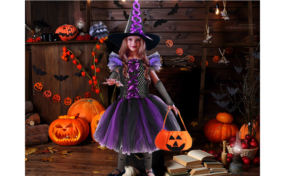 Yoawllty Hallo ween Witch Costume for Girls with Hat & Broom, Fancy Party Dress Up Outfit, Fairytale Witch Costume Cute Witch Costume Set Purple 25 Hallo ween Witch Costume
