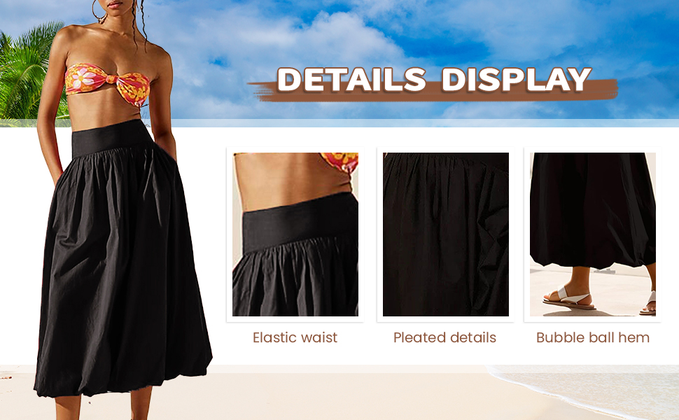 Acrawnni Women Y2k Bubble Maxi Skirt Low Elastic Waist Ruffle Pleated A-line Long Skirts Summer Beach Loose Fit Cute Puffball Balloon Skirt 14 Women casual pleated bubble maxi skirts