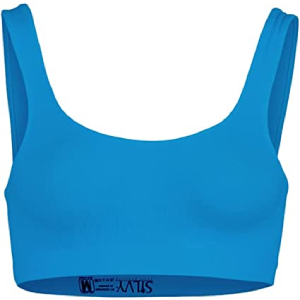 Text reads 'K-XMIX'. Bright blue sports bra with wide shoulder straps and scoop neckline, made from stretchy athletic fabric.