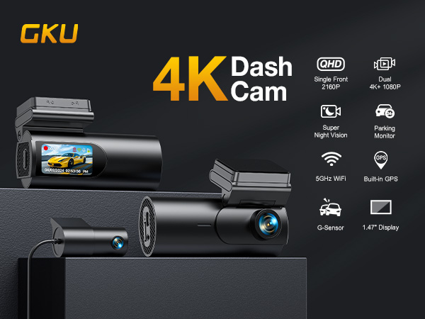 4K+1080P Dual Dash Cam with WiFi, GPS, Night Vision