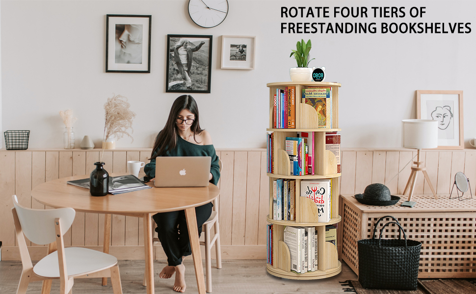 Rotating Bookshelf,4 Tier 360° Revolving Bookcase Corner Bookshelf Tall Swivel