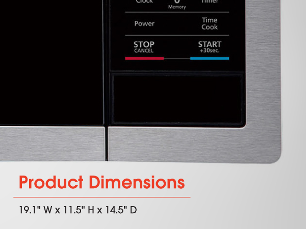 An open portable microwave. Text reads: Product dimensions. 