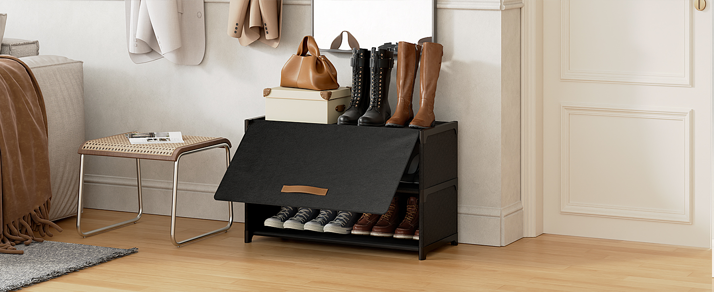 Shoe Rack, 3 Tier Shoe Storage Cabinet with Door 12 Pair Plastic Shoe Shelves Organizer