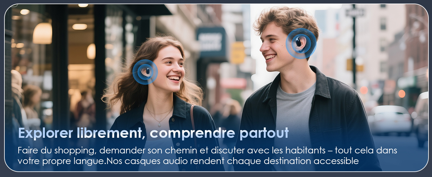 Le texte se lit comme suit : « Explorer librement, comprendre partout ! » Bannière publicitaire montrant une scène urbaine extérieure avec des vitrines floues en arrière-plan.