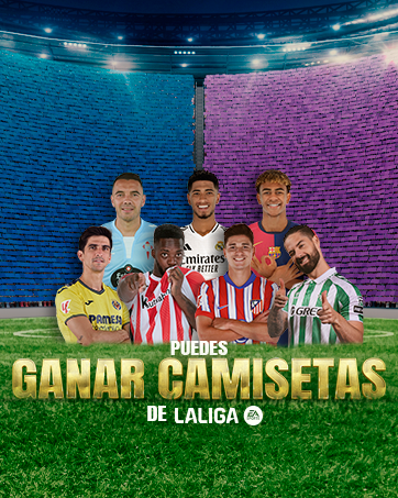 El texto dice «GANAR CAMISETAS DE LALIGA». Ilustración digital que muestra a jugadores de fútbol con uniformes deportivos a rayas sobre el fondo del estadio con una iluminación espectacular.