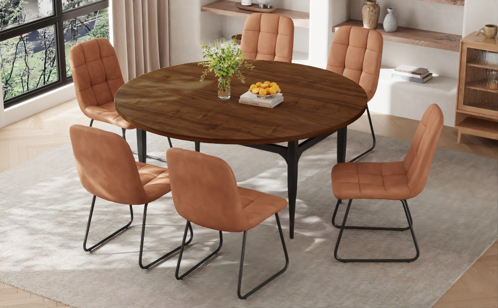 55-inch brown round dining table set (including 6 Brown leather upholstered dining chairs)