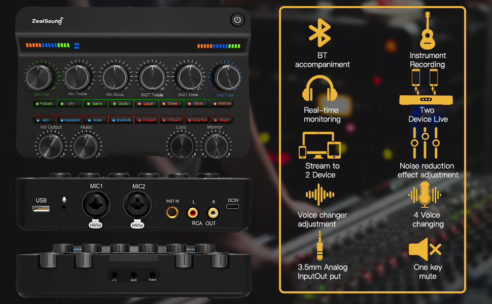 ZealSound Podcast Equipment Bundle,48V Phantom Power,Audio Interface